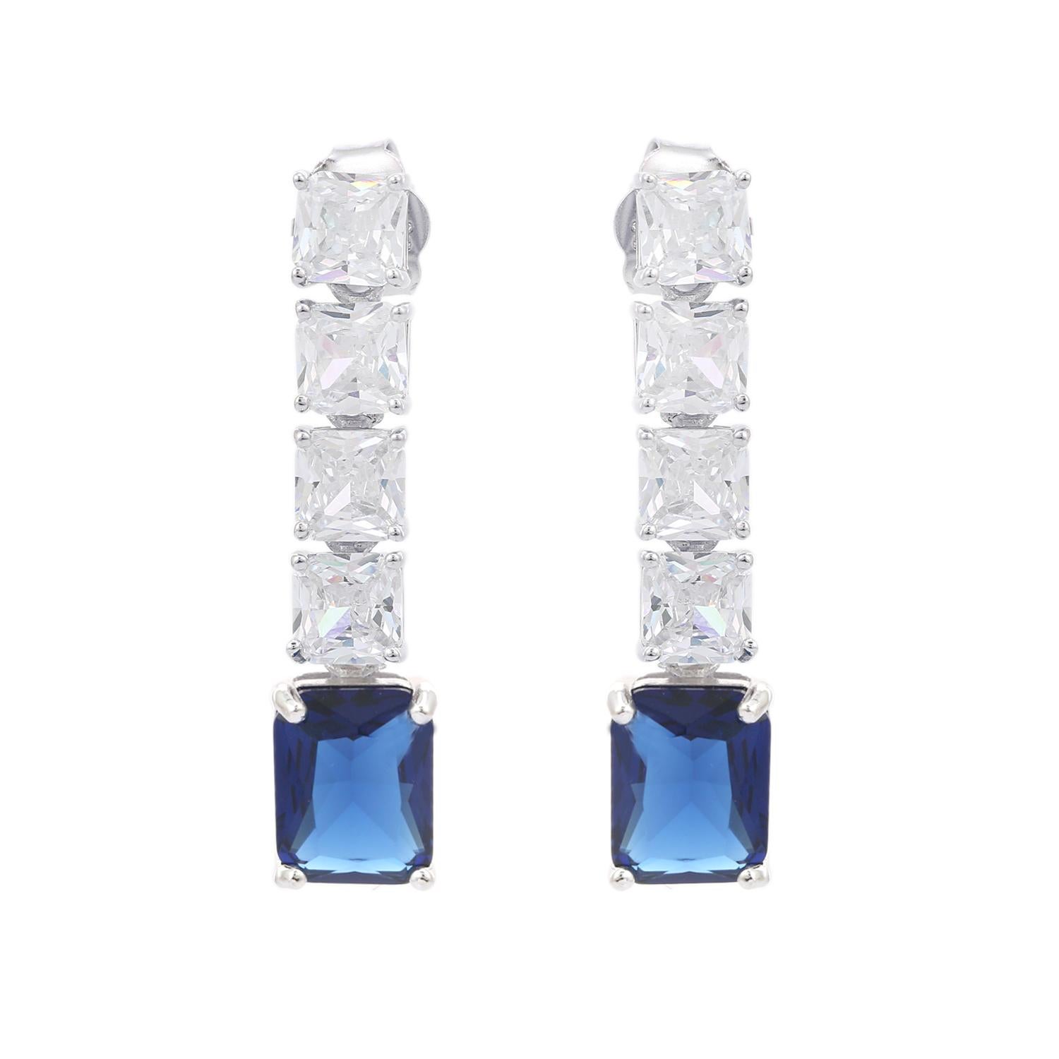 Square Cut Blue Zirconia Linear Drop Earrings Gift for Her Made in 925 Silver For Sale 4