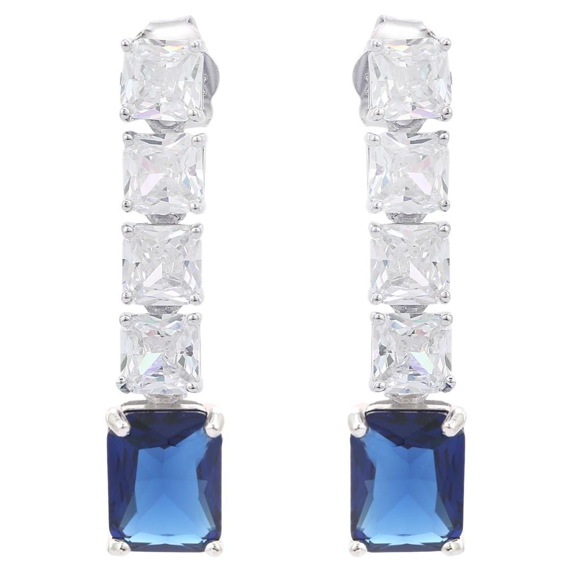 Square Cut Blue Zirconia Linear Drop Earrings Gift for Her Made in 925 Silver For Sale