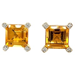 Square Cut Citrine and Diamond Earrings in 14K Gold