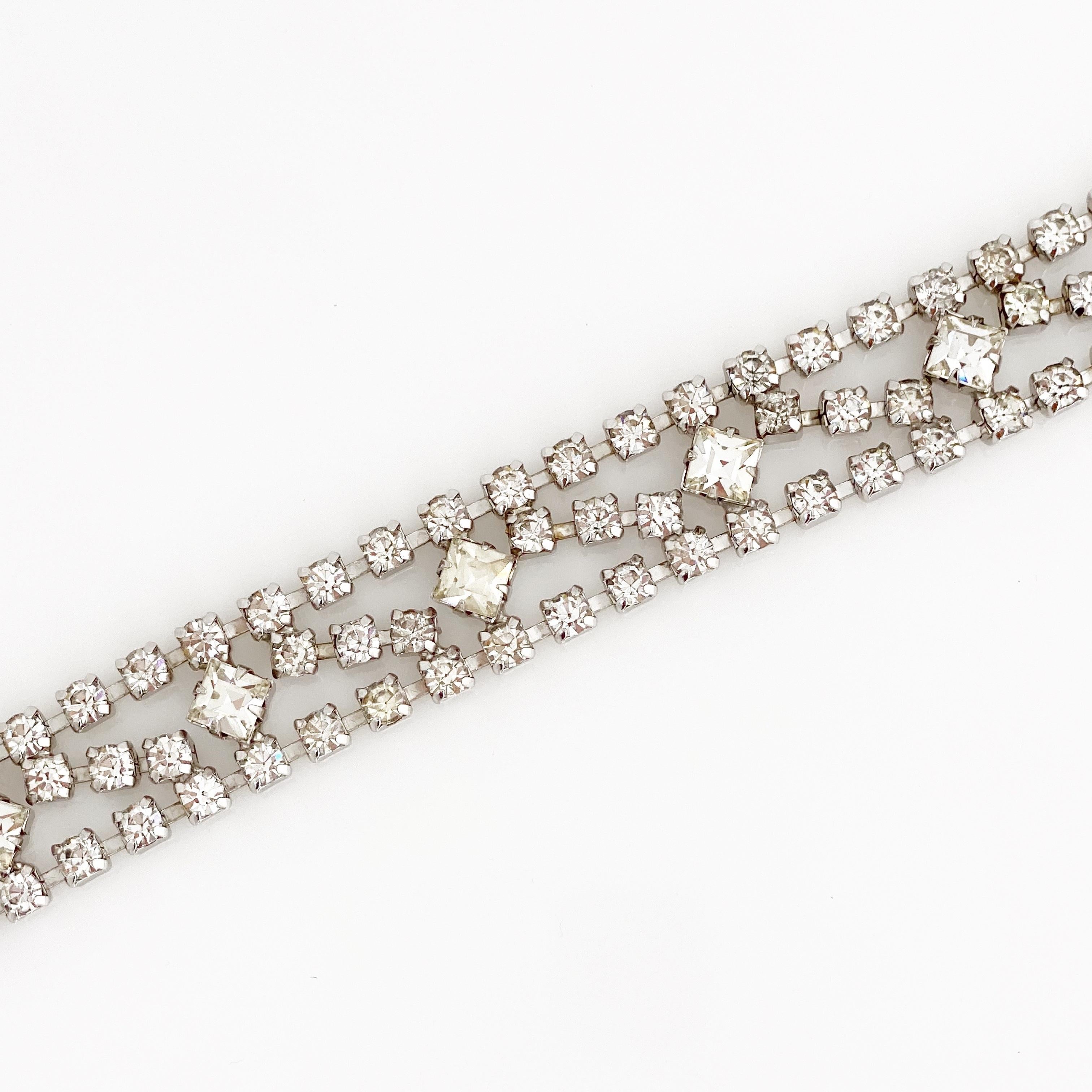 Square Cut Crystal Rhinestone Cocktail Bracelet By Warner, 1950s In Good Condition For Sale In McKinney, TX