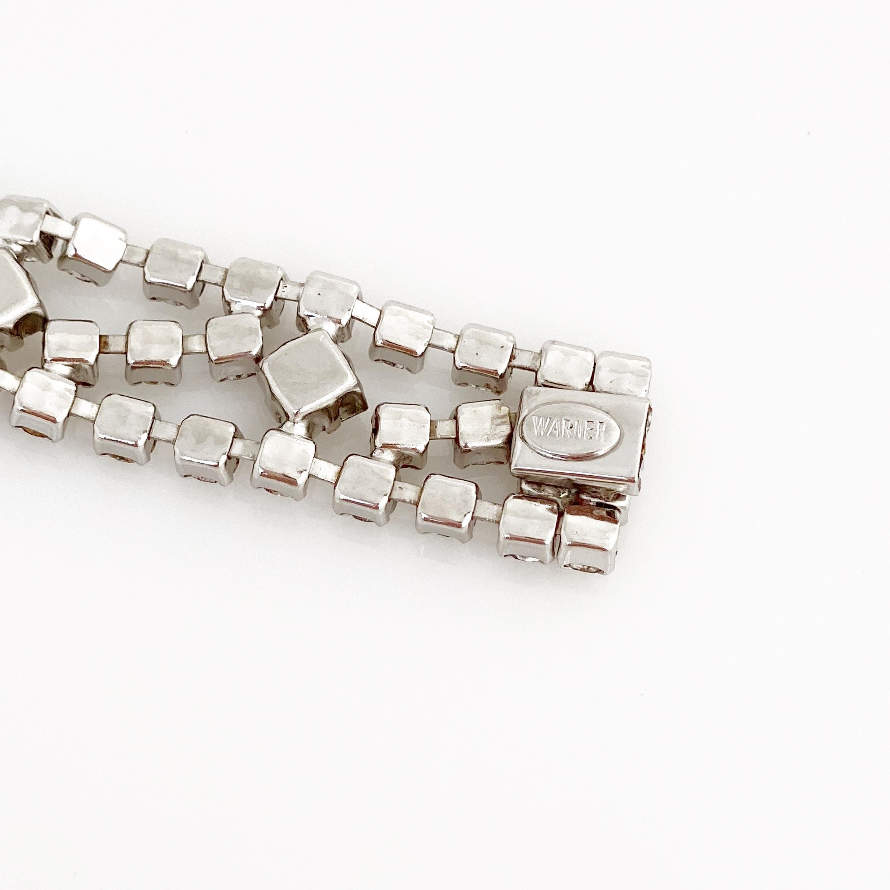 Women's Square Cut Crystal Rhinestone Cocktail Bracelet By Warner, 1950s For Sale