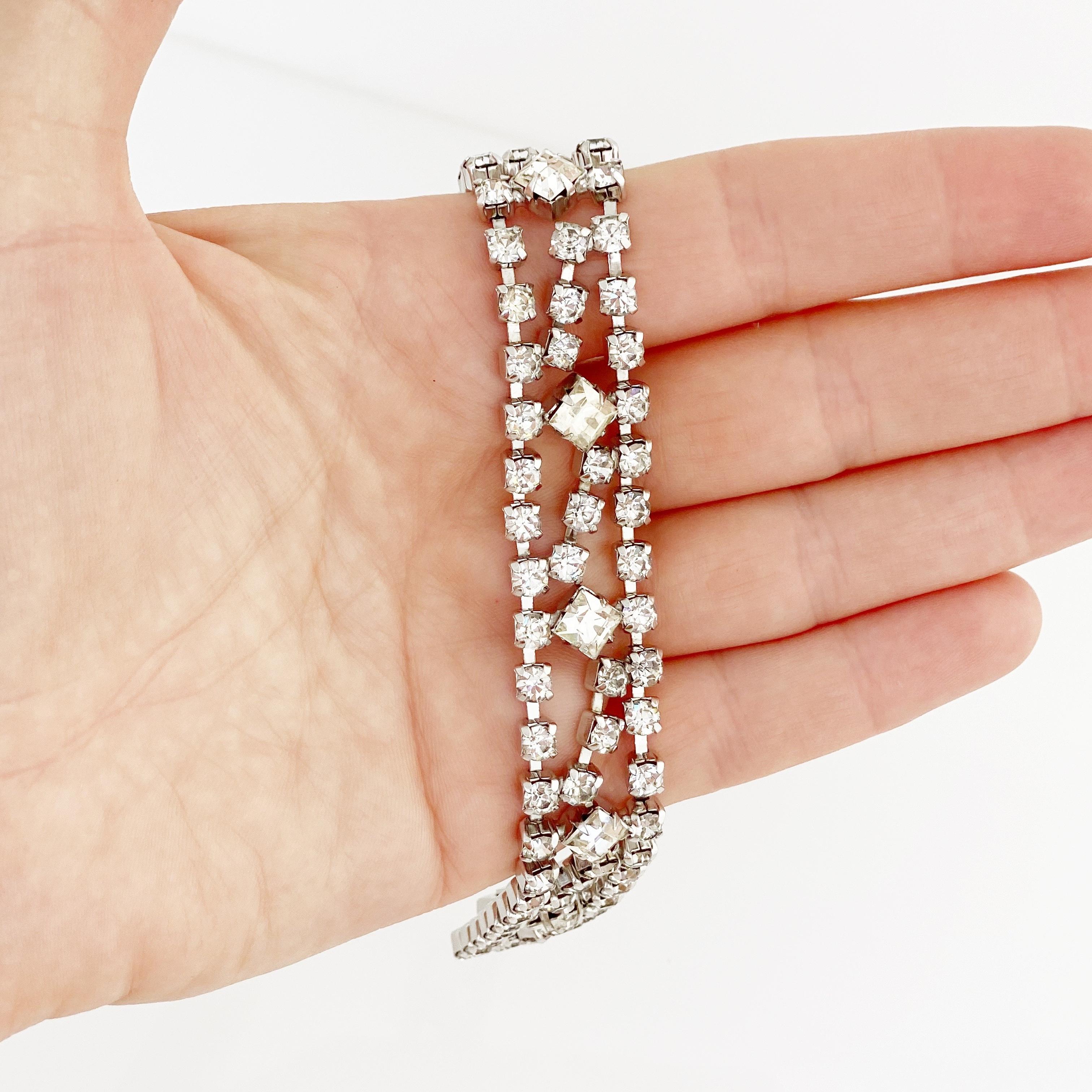 Square Cut Crystal Rhinestone Cocktail Bracelet By Warner, 1950s For Sale 2