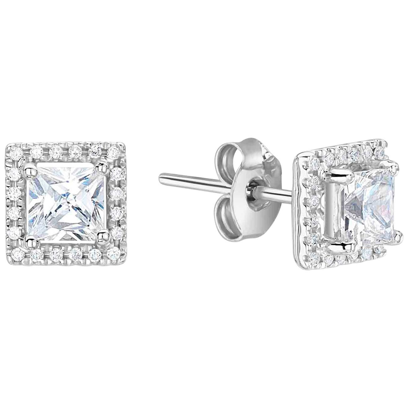 Square Cut Diamond Halo White Gold or Platinum Stud Earrings For Sale