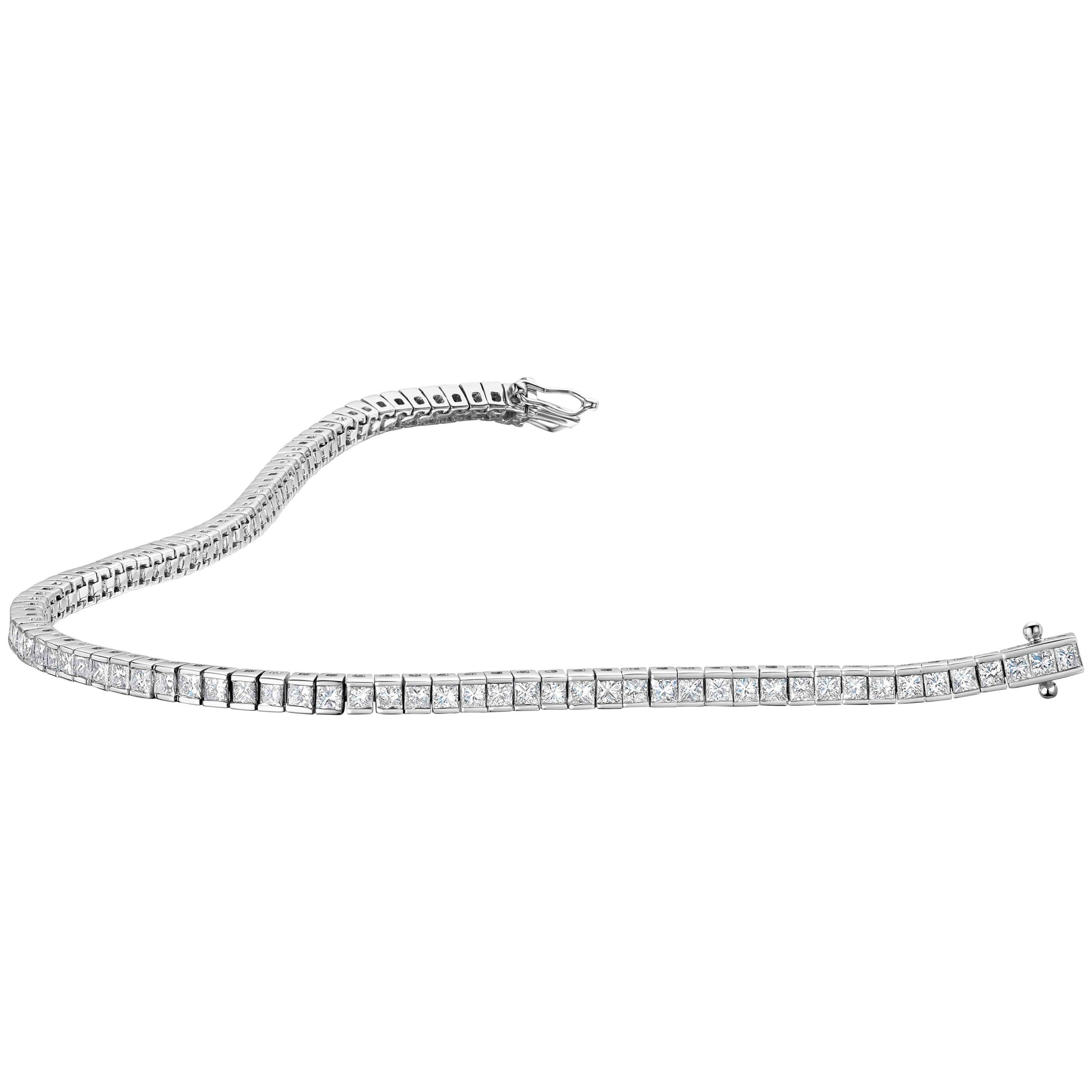 Available in white gold, yellow gold or platinum, this tennis bracelet features over 3 carats of square cut diamonds.