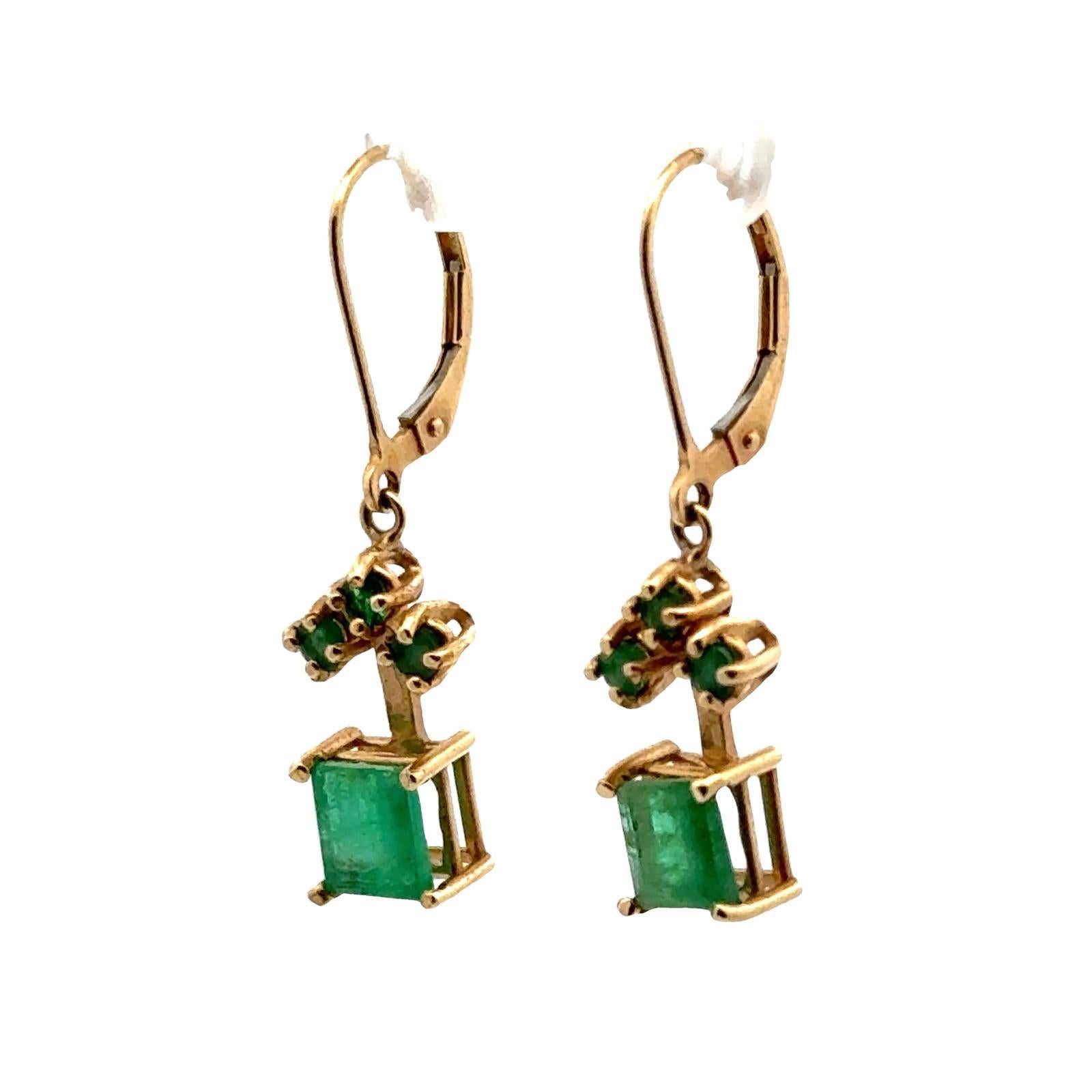 Emerald Cut Square Cut Emerald 14 Karat Yellow Gold Drop Earrings For Sale
