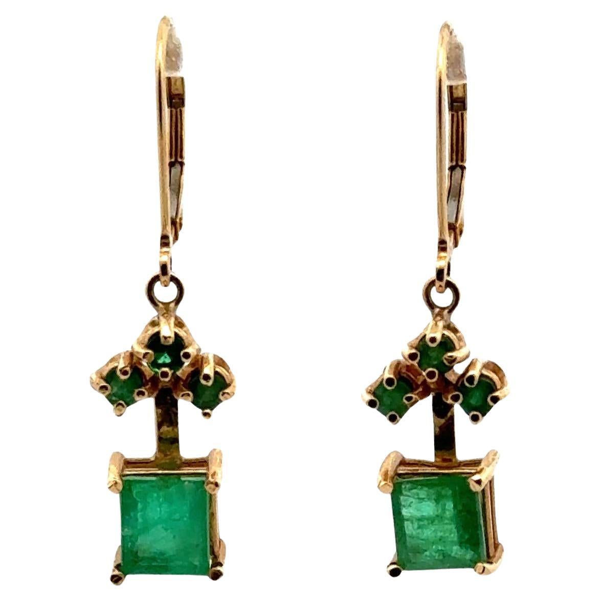 Square Cut Emerald 14 Karat Yellow Gold Drop Earrings For Sale