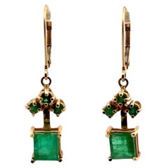 Vintage Square Cut Emerald 14 Karat Yellow Gold Drop Earrings