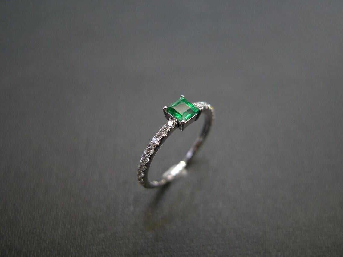 For Sale:  Square Cut Emerald and Round Brilliant Diamond Engagement Ring in 14K White Gold 3