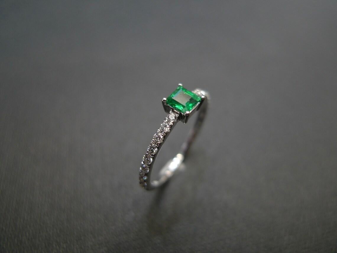 For Sale:  Square Cut Emerald and Round Brilliant Diamond Engagement Ring in 14K White Gold 5
