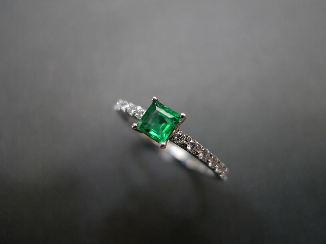 For Sale:  Square Cut Emerald and Round Brilliant Diamond Engagement Ring in 14K White Gold 7