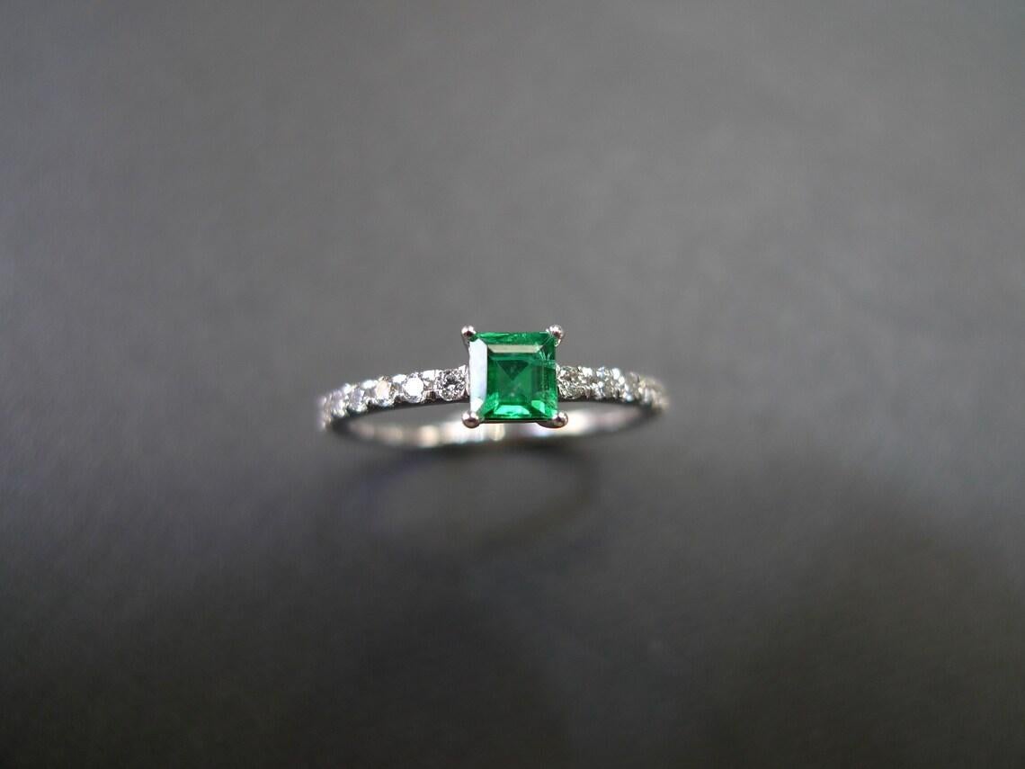 For Sale:  Square Cut Emerald and Round Brilliant Diamond Engagement Ring in 14K White Gold 8