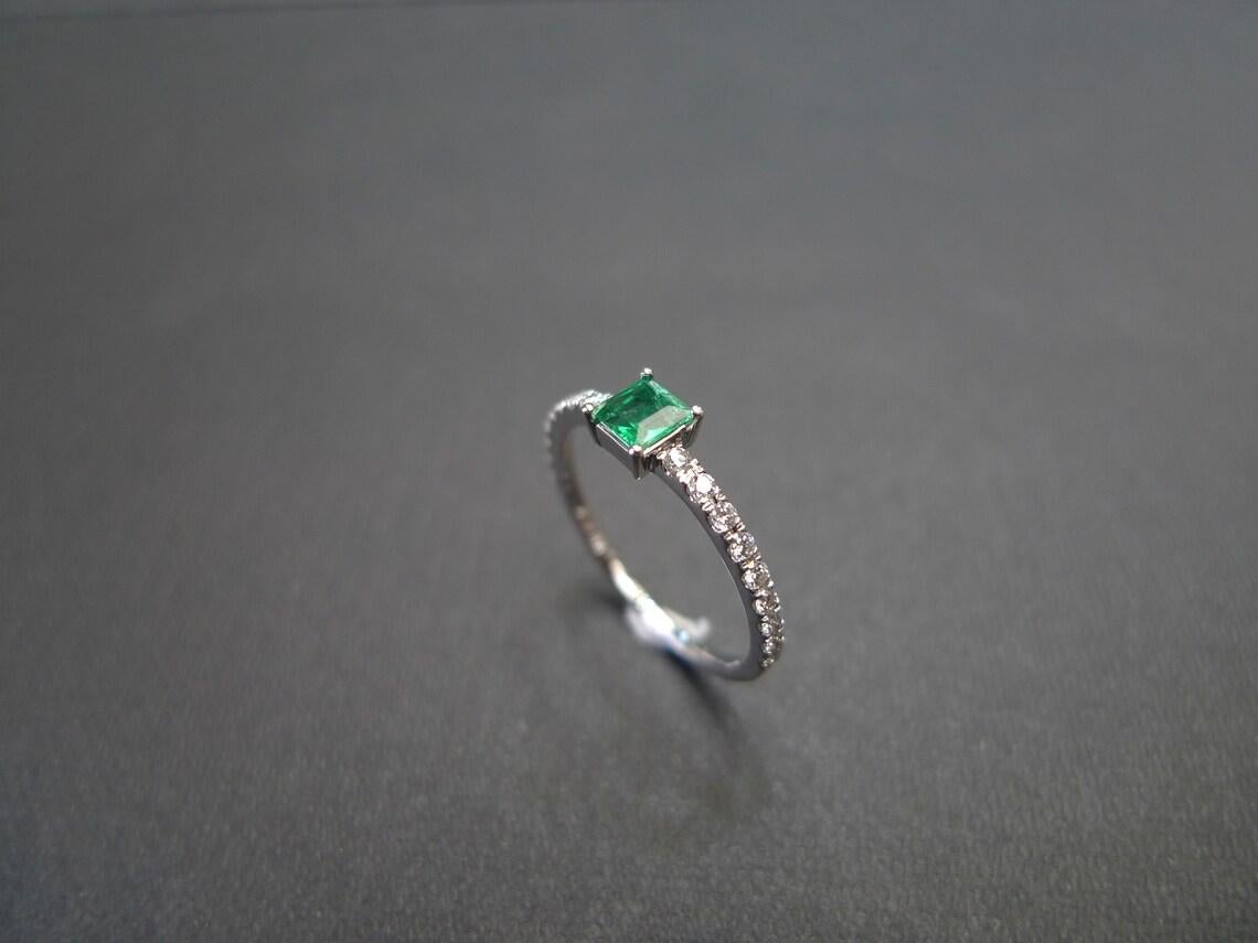 For Sale:  Square Cut Emerald and Round Brilliant Diamond Engagement Ring in 14K White Gold 9