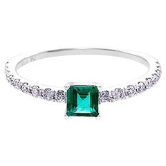 Square Cut Emerald and Round Brilliant Diamond Engagement Ring in 14K White Gold