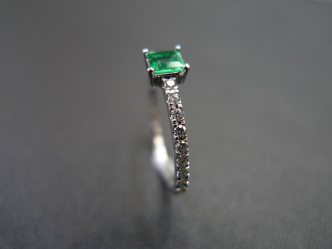 For Sale:  Square Cut Emerald and Round Brilliant Diamond Engagement Ring in 18K White Gold 9