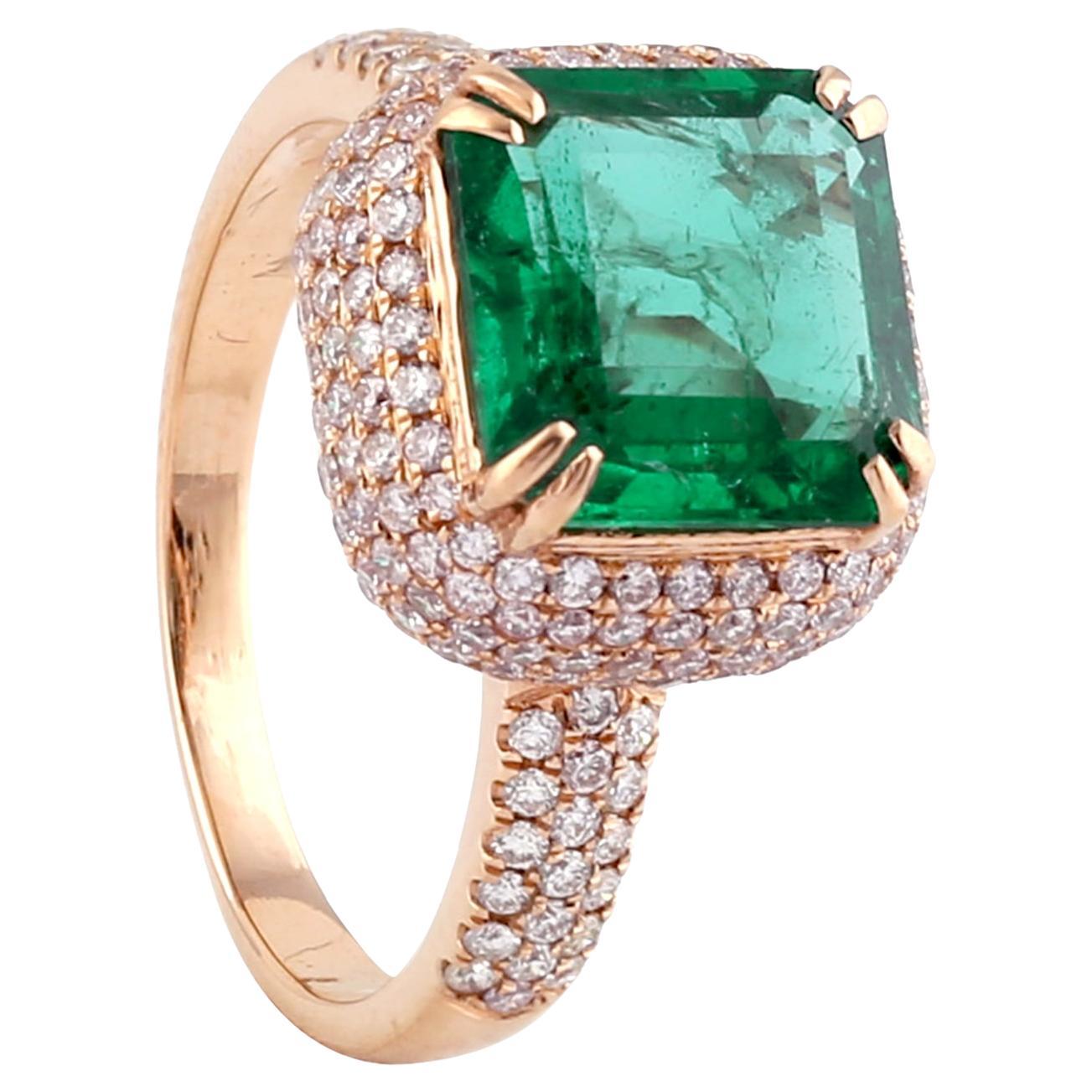 Square Cut Emerald Diamond 14 Karat Gold Ring For Sale