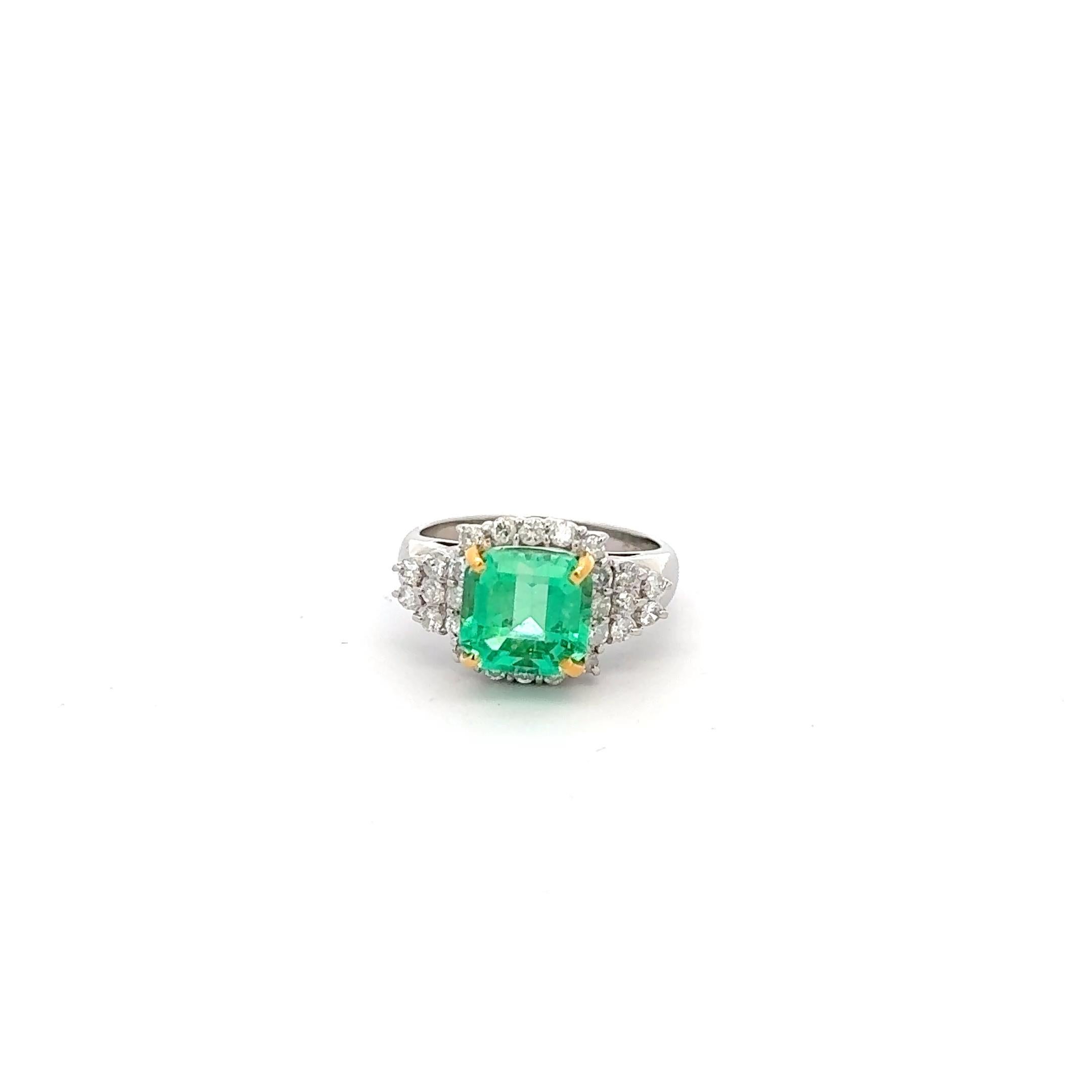 Square Cut 2.63ct Emerald & Diamond Ring Platinum. The emerald is accented by 0.60ctw of brilliant round diamonds. Ring size 6.25 and weighs 7 grams. 