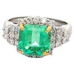Anillo Esmeralda y Diamante Corte Cuadrado Platino