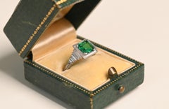 Art Deco Emerald and Diamond Ring. Square Emerald Diamond Accent Ring Platinum