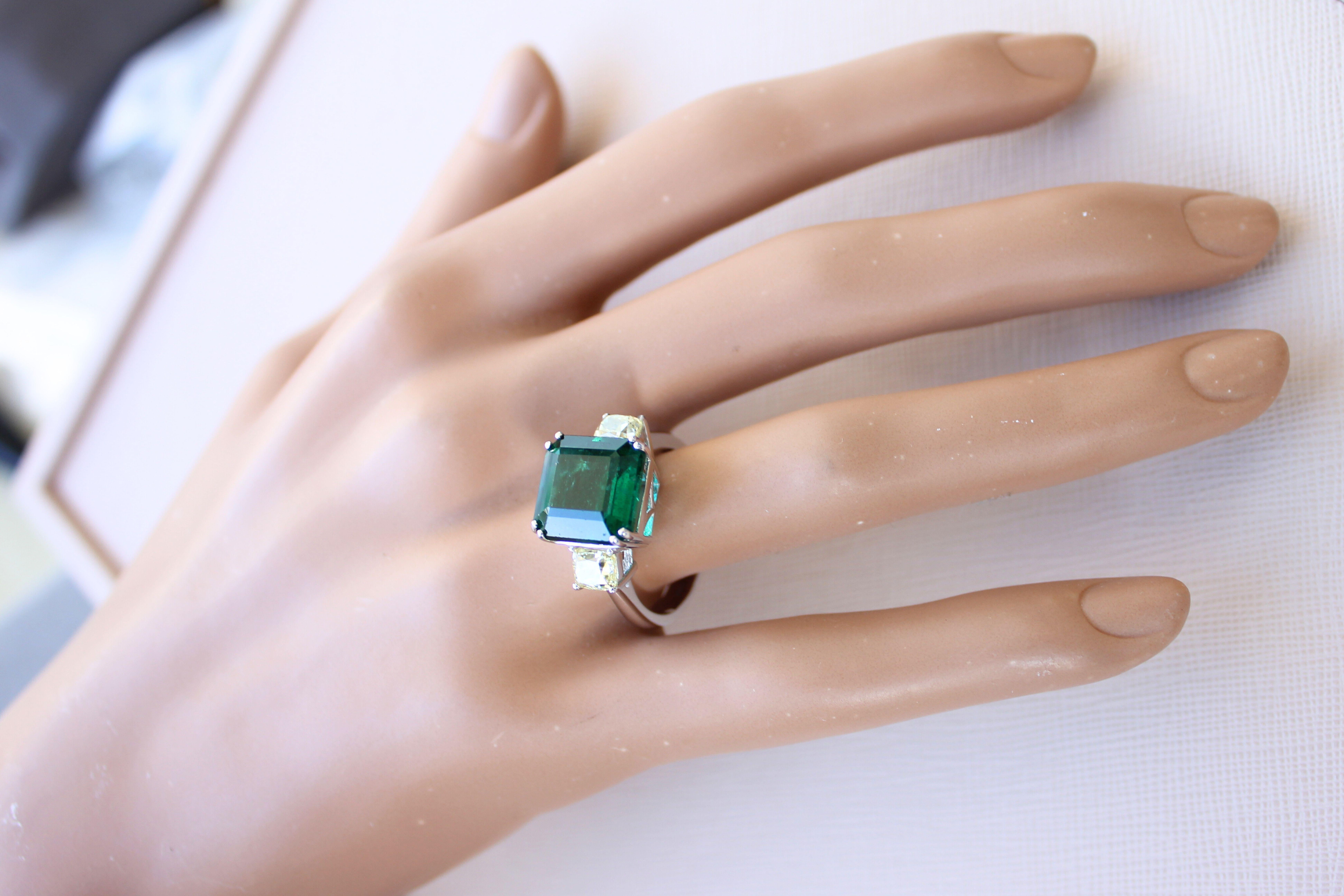 Square Cut Emerald Yellow Cushion Shape Diamonds Two Stone 18K White Gold Ring For Sale 11