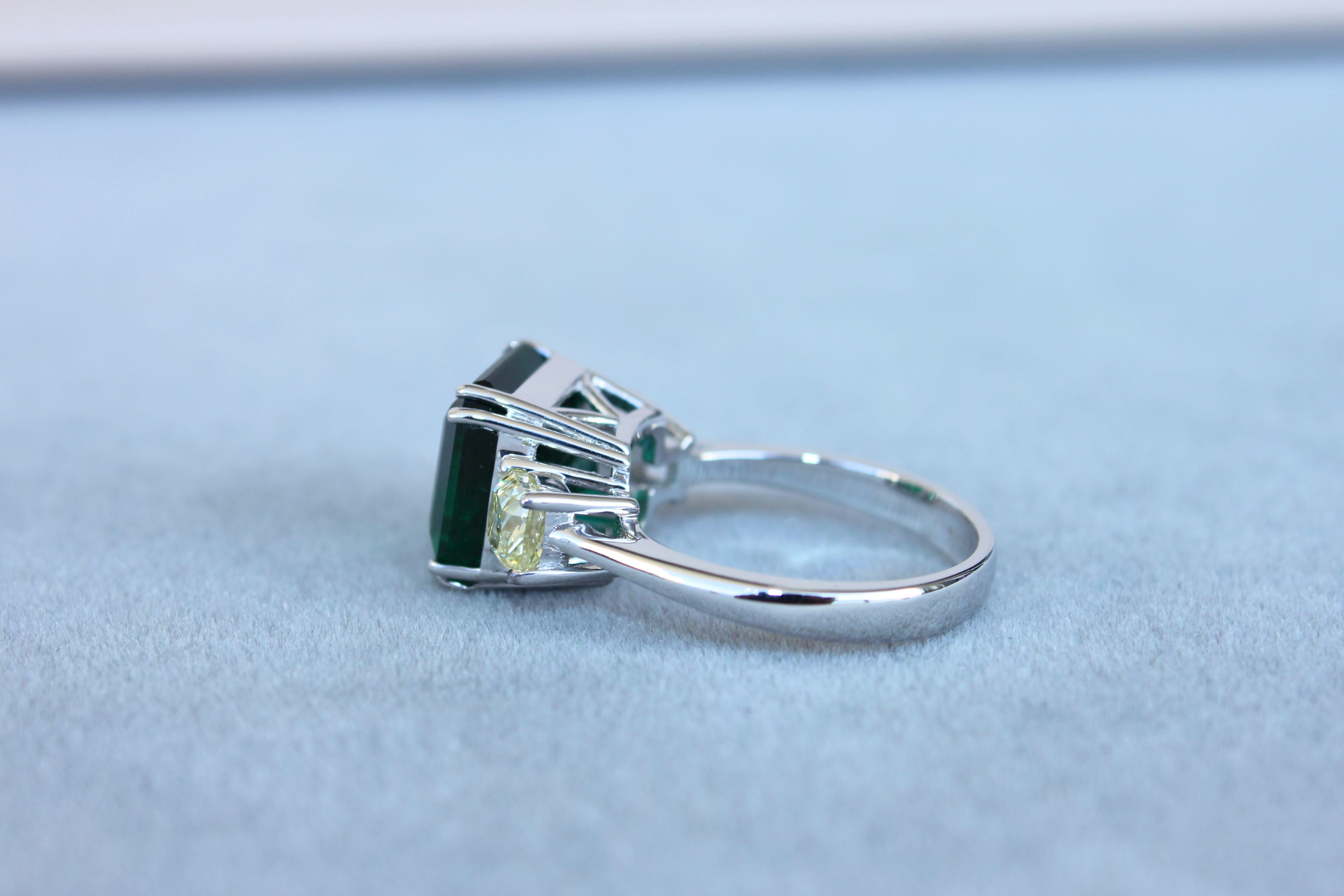 Square Cut Emerald Yellow Cushion Shape Diamonds Two Stone 18K White Gold Ring For Sale 1