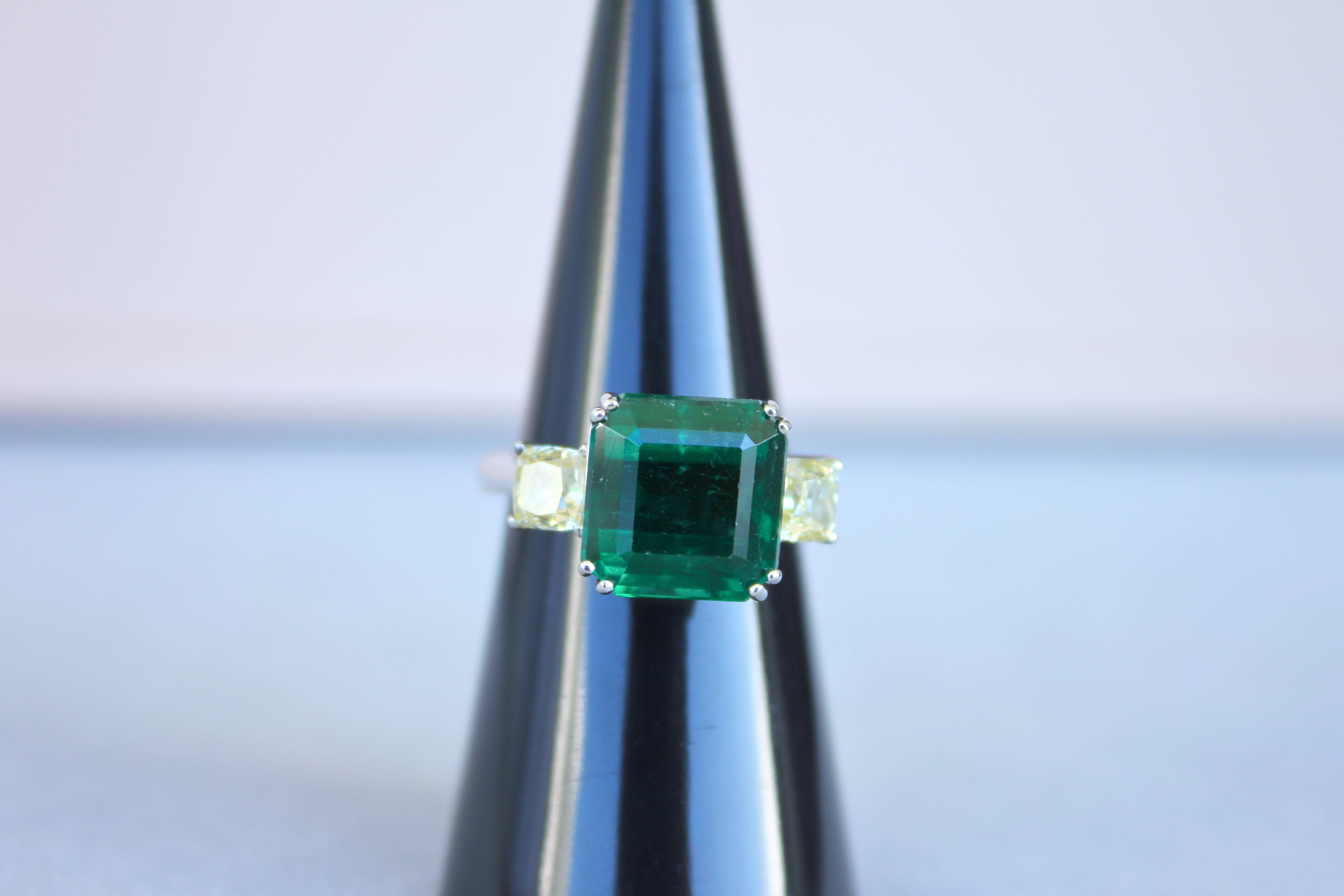 Square Cut Emerald Yellow Cushion Shape Diamonds Two Stone 18K White Gold Ring For Sale 3