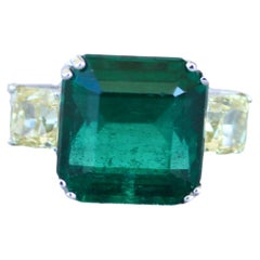 Square Cut Emerald Yellow Cushion Shape Diamonds Two Stone 18K White Gold Ring