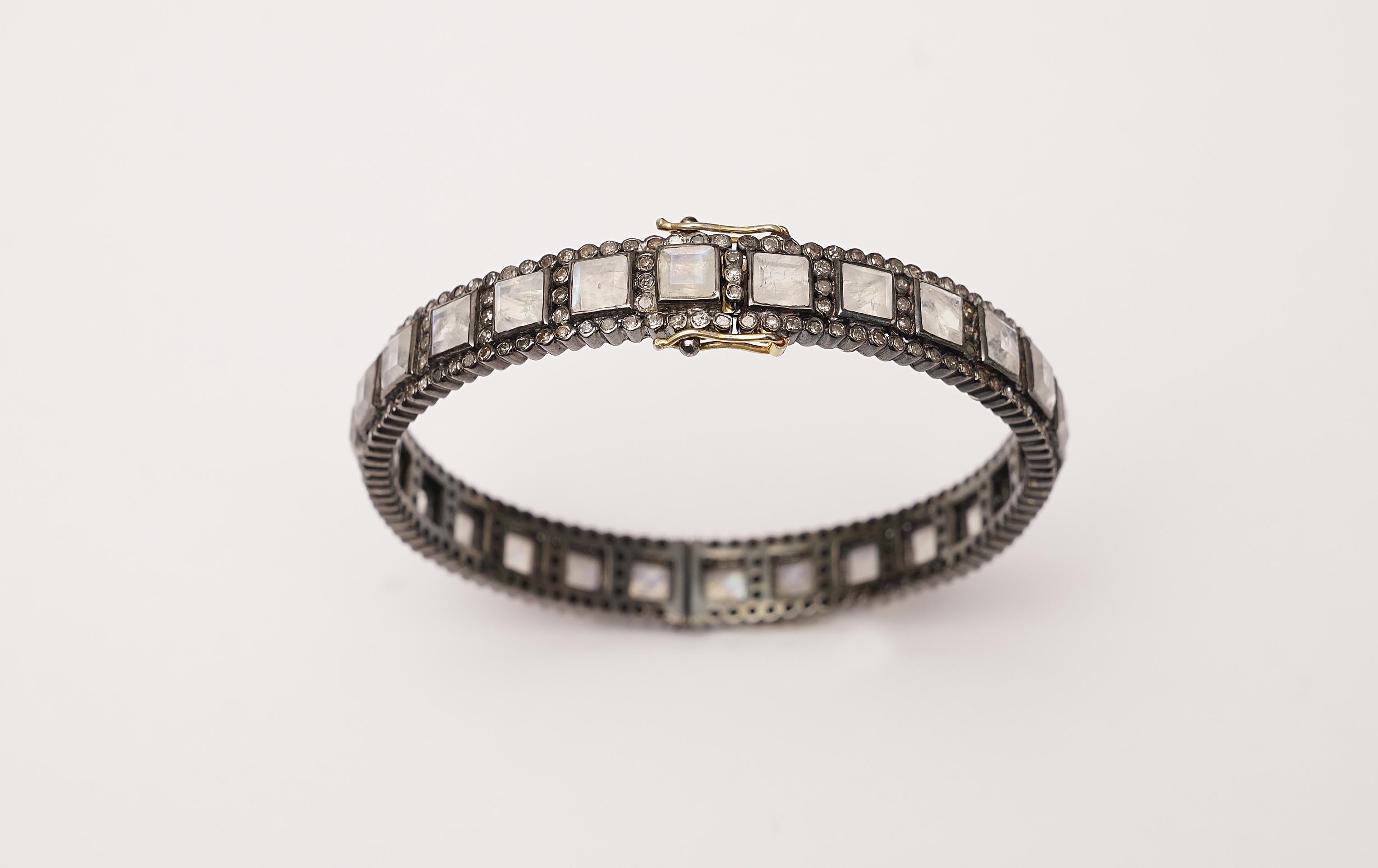 Square Cut Faceted Moonstone Bracelet Bordered with Diamonds In New Condition In Nantucket, MA