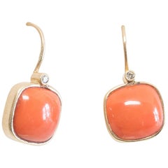 Vintage Square Cut Italian Coral with Diamonds and 18 Karat Gold