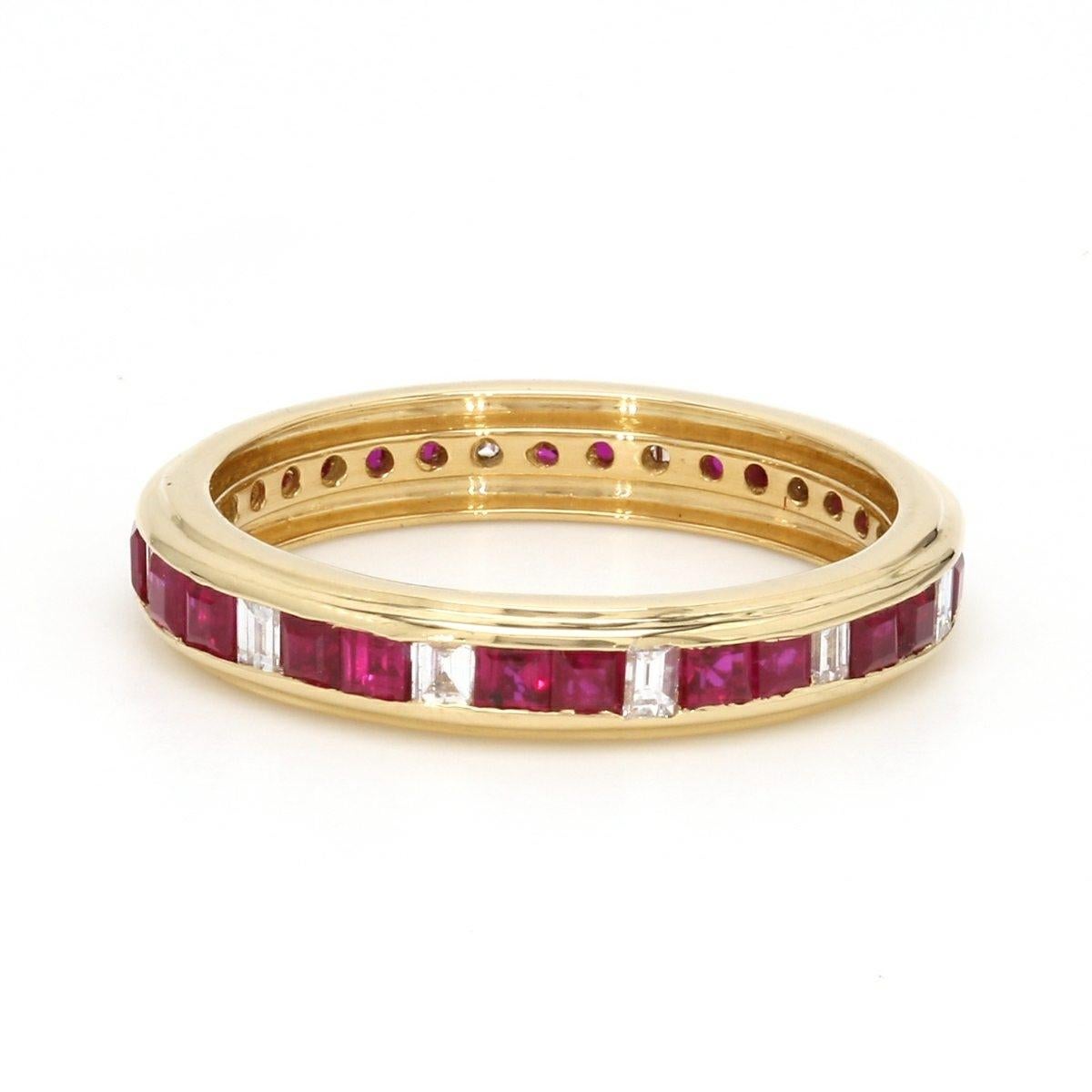 A Beautiful Handcrafted Ring in 18 Karat Yellow Gold  with Natural Red Rubies from Mozambique Mines and Diamonds . A perfect Infinity Ring for occasion

Red Ruby Details
Pieces : 24 Pieces  
Weight : 1.13 Carat 
AAA Quality Sapphire

Natural Diamond