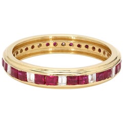 Square Cut Mozambique Ruby and Diamond 18 Karat Yellow Gold Infinity Band Ring