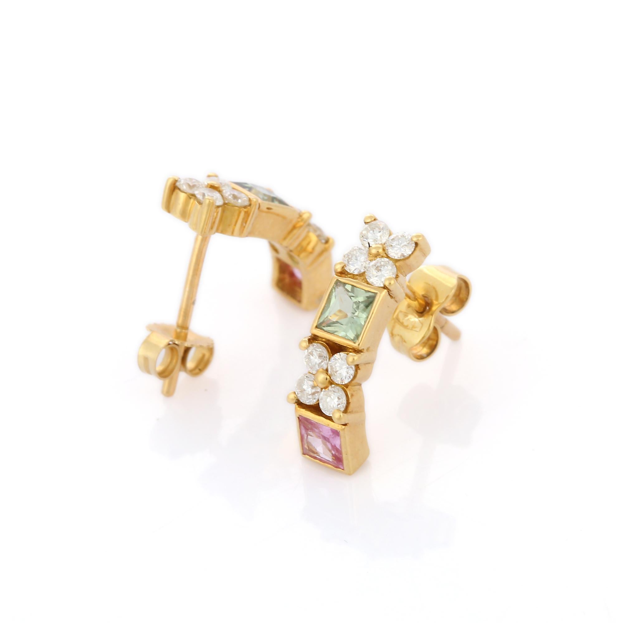 Pendientes de oro amarillo de 18 quilates con diamantes talla cuadrada y zafiro múltiple Art Decó en venta
