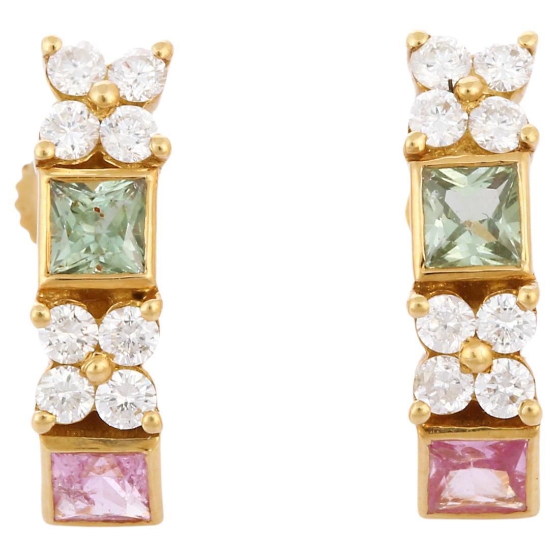 Square Cut Multi Sapphire Diamond Statement Stud Earrings in 18K Yellow Gold