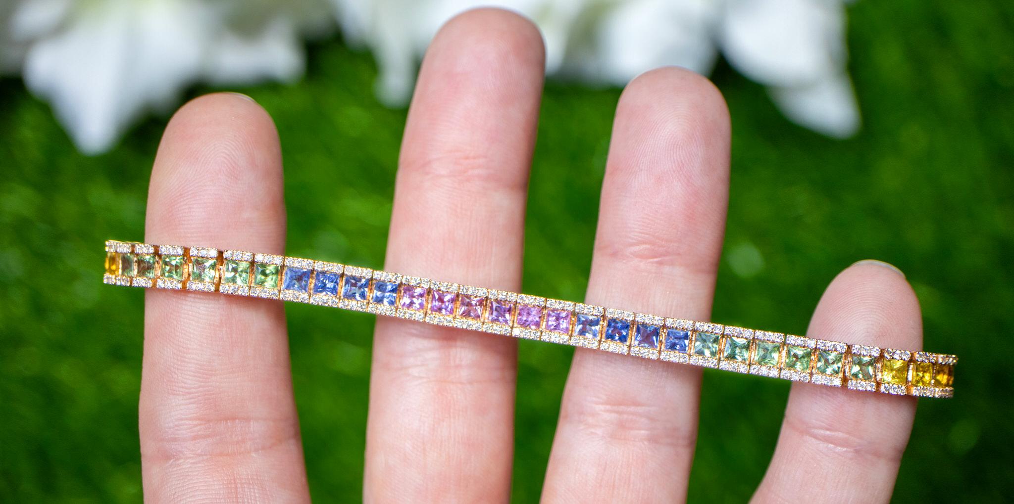 Modern Square Cut Multicolor Sapphires Rainbow Bracelet Diamond Setting 8.9 Carats 18K For Sale