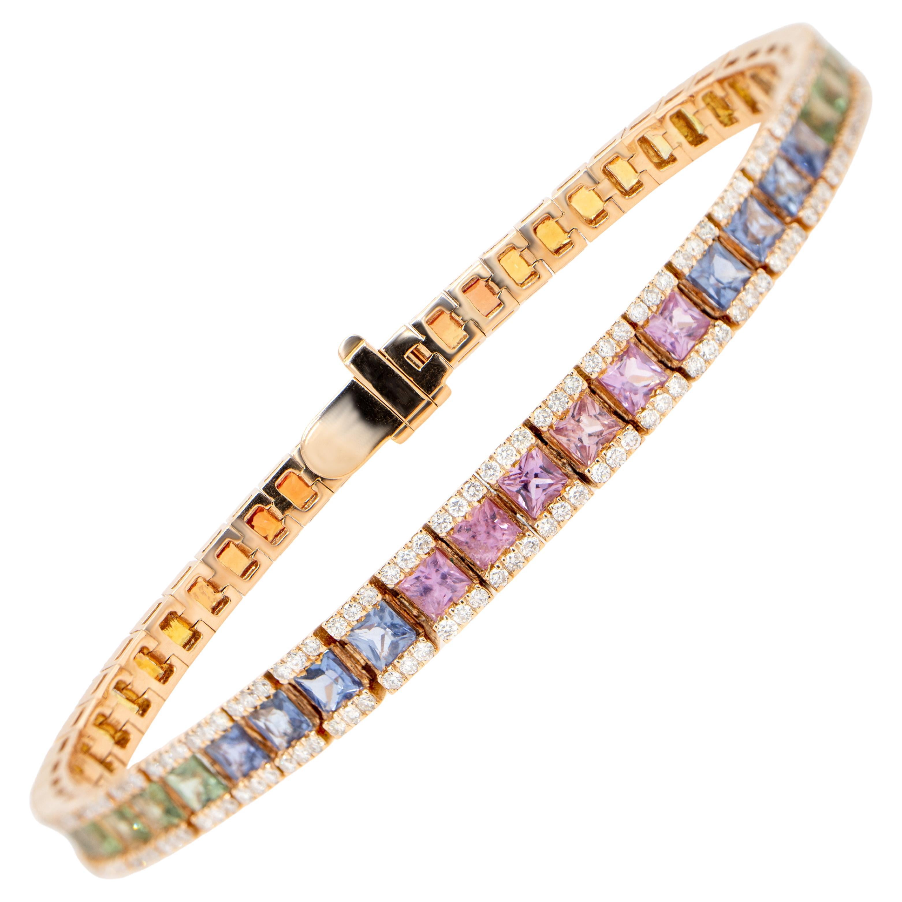 Square Cut Multicolor Sapphires Rainbow Bracelet Diamond Setting 8.9 Carats 18K For Sale