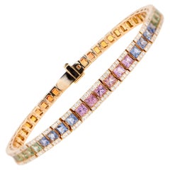 Bracelet arc-en-ciel de saphirs multicolores taille carrée serti de diamants 8,9 carats 18 carats