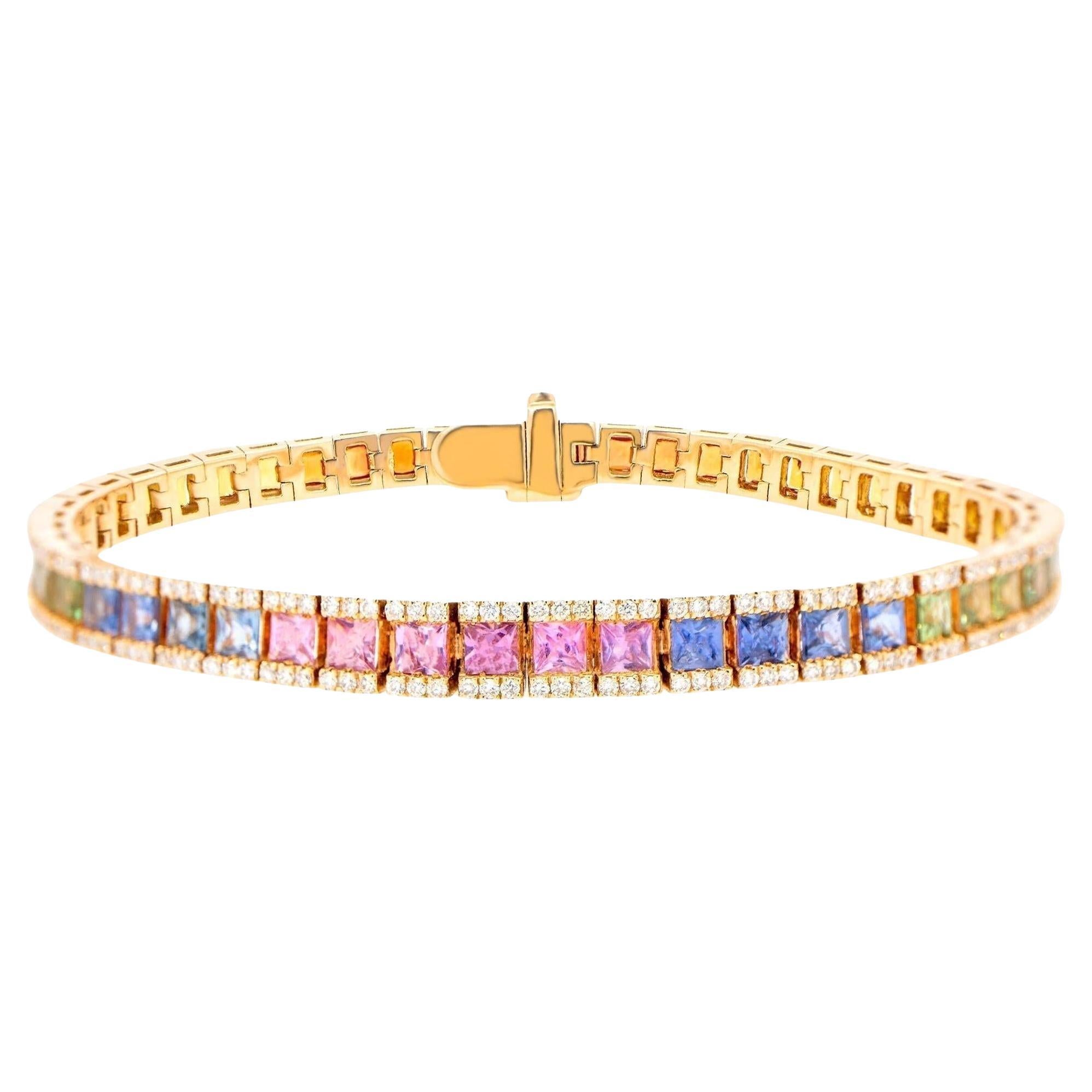 Square Cut Multicolor Sapphires Rainbow Bracelet Diamond Setting 8.9 Carats 18K