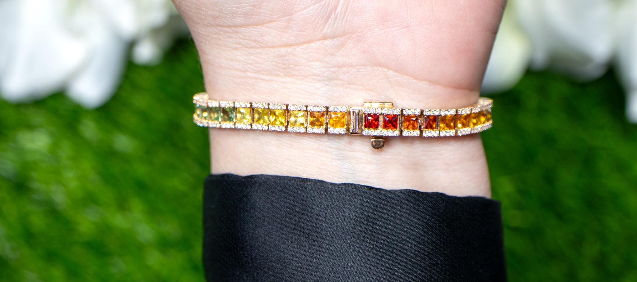 Contemporary Square Cut Multicolor Sapphires Rainbow Bracelet Diamond Setting 9 Carats 18K For Sale