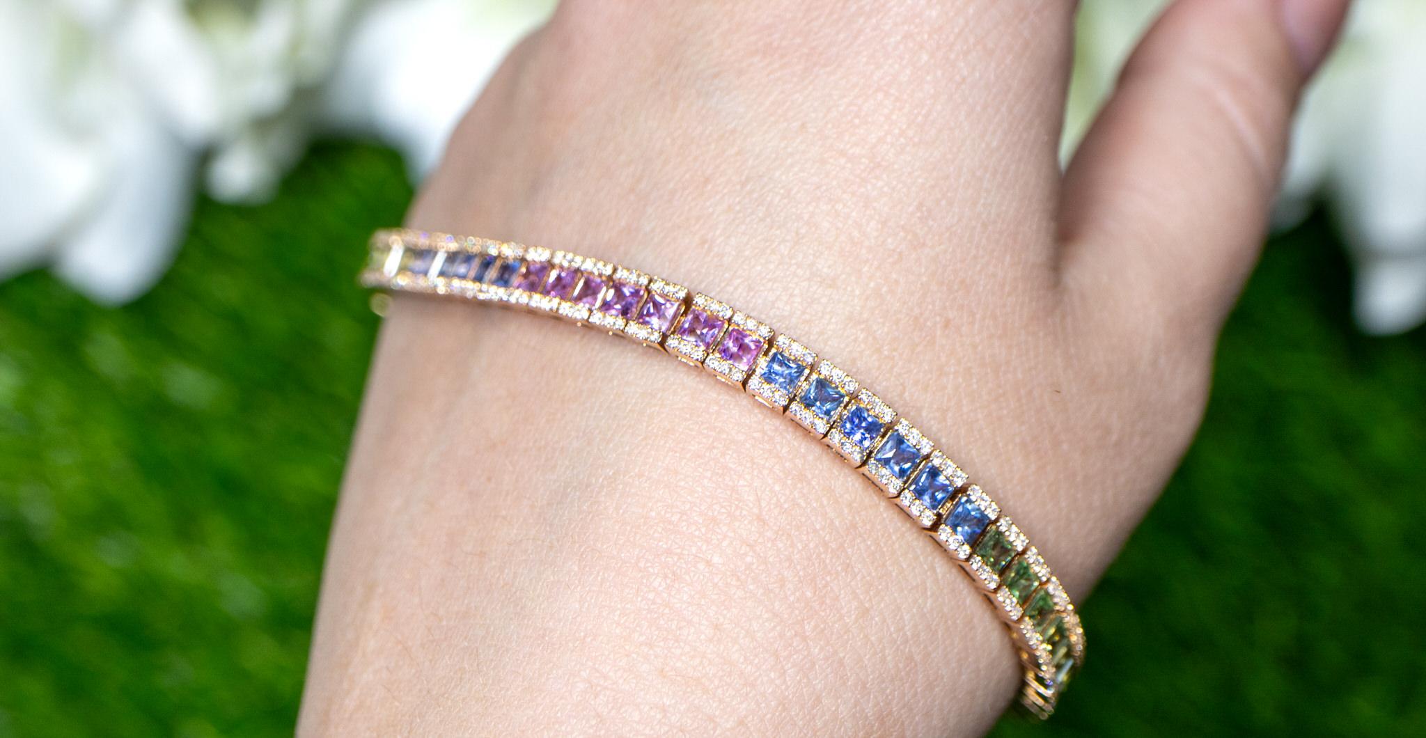 Square Cut Multicolor Sapphires Rainbow Bracelet Diamond Setting 9 Carats 18K In Excellent Condition For Sale In Laguna Niguel, CA