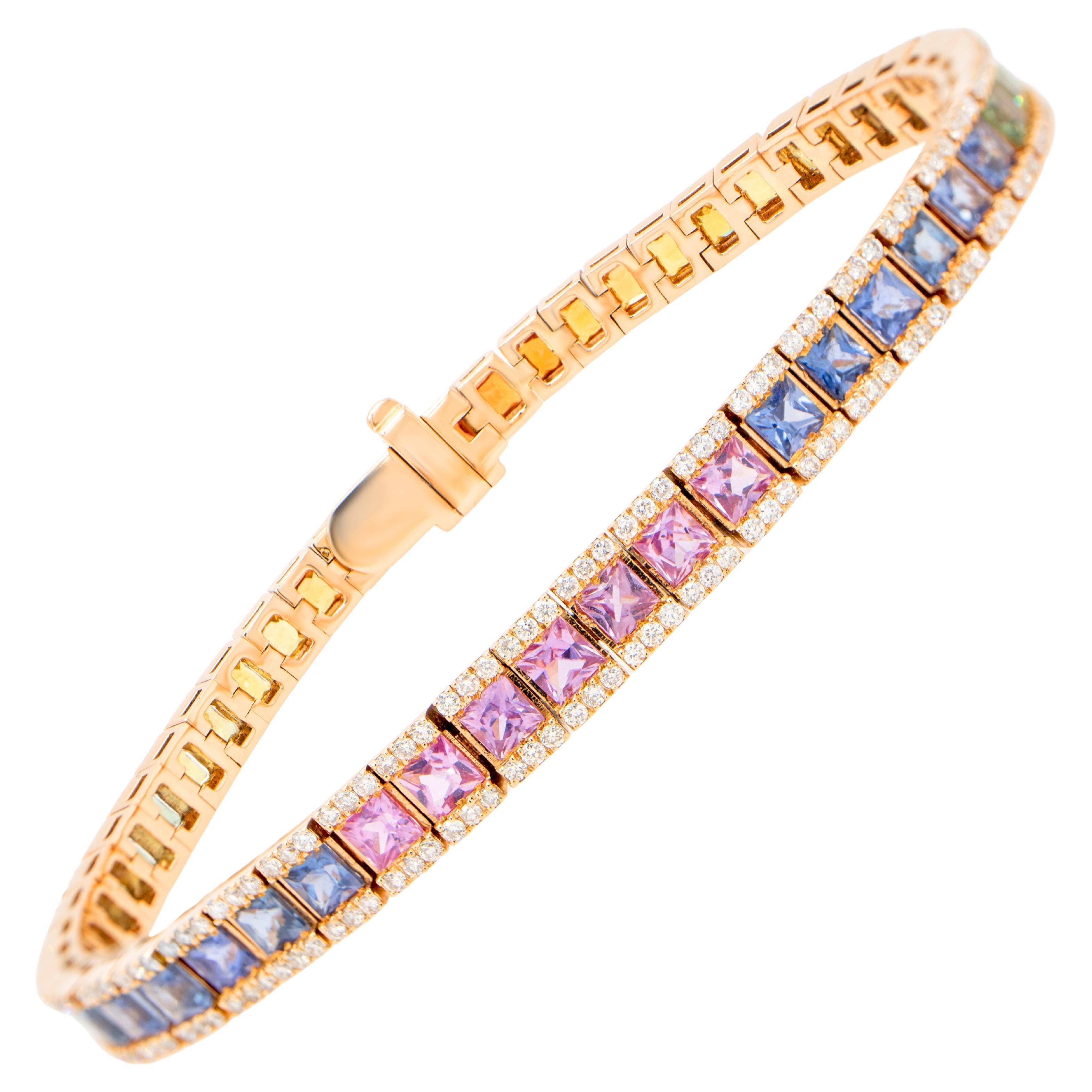 Bracelet arc-en-ciel de saphirs multicolores taille carrée serti de diamants 9 carats 18 carats en vente