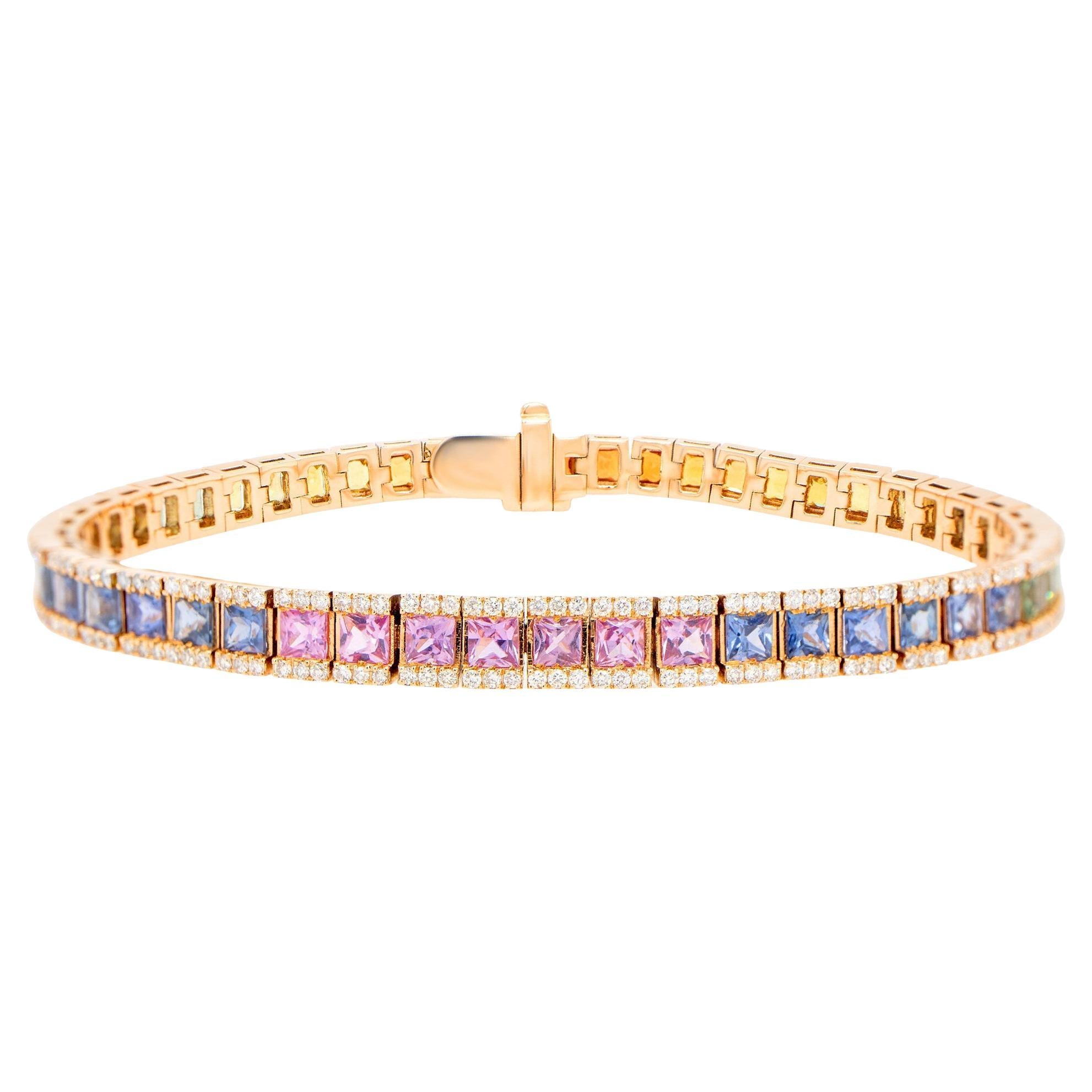 Square Cut Multicolor Sapphires Rainbow Bracelet Diamond Setting 9 Carats 18K For Sale