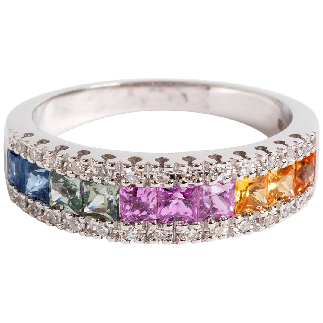 Square Cut Multicoloured Sapphire and Diamond Ring