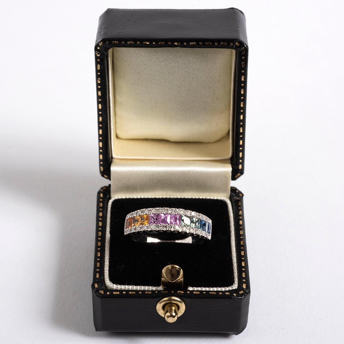 Square Cut Multicoloured Sapphire and Diamond Ring In Excellent Condition In Canterbury, GB