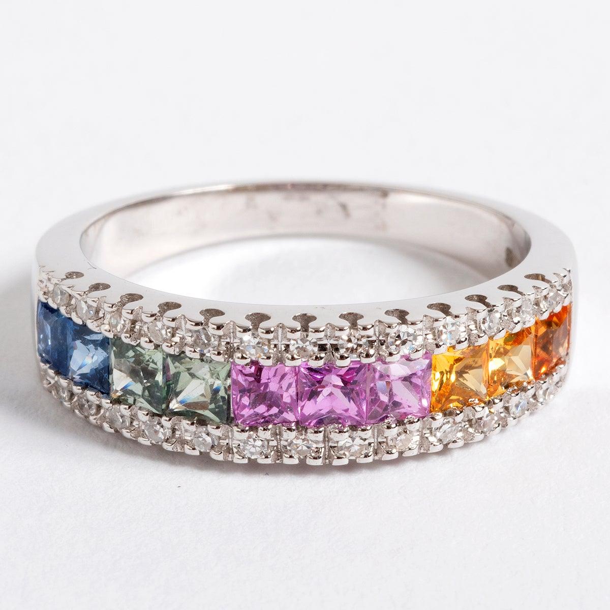 Women's Square Cut Multicoloured Sapphire and Diamond Ring