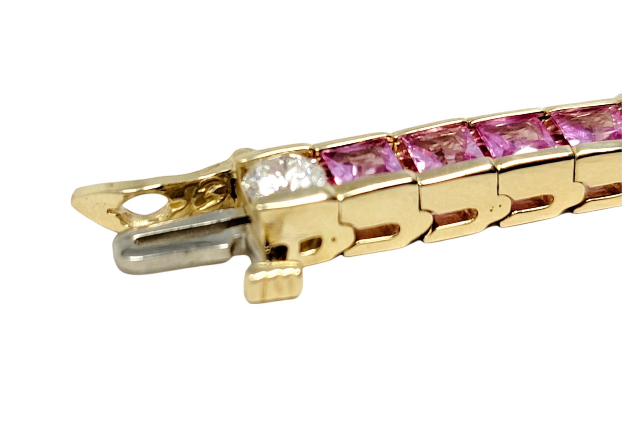 Square Cut Natural Pink Sapphire and Diamond Line Tennis Bracelet in Yellow Gold For Sale 2