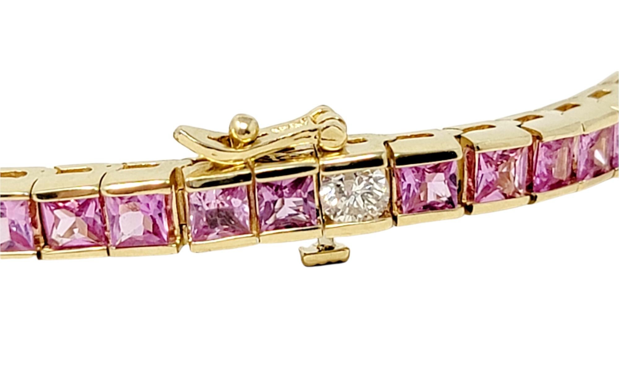Square Cut Natural Pink Sapphire and Diamond Line Tennis Bracelet in Yellow Gold For Sale 3