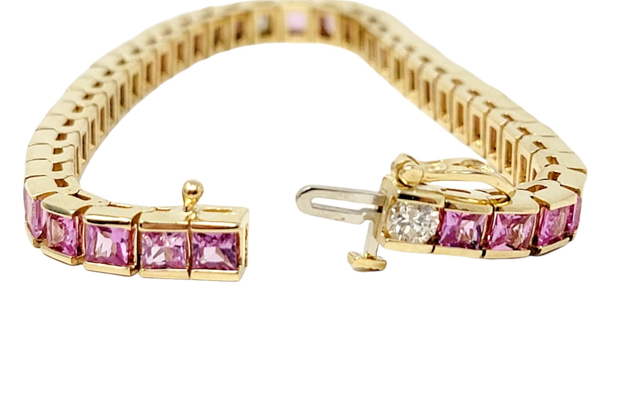 Square Cut Natural Pink Sapphire and Diamond Line Tennis Bracelet in Yellow Gold For Sale 4