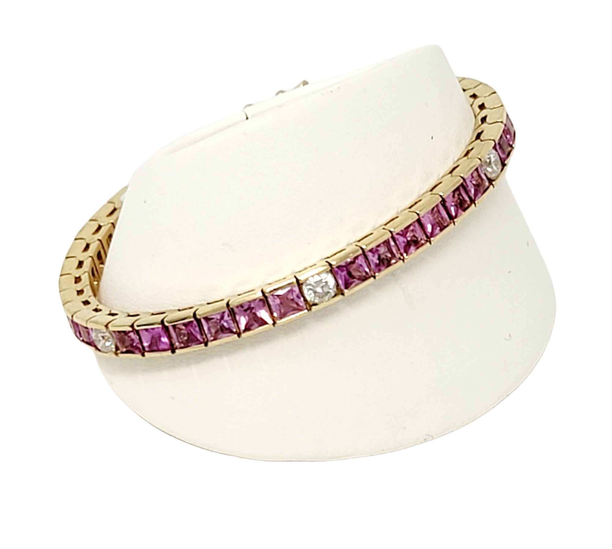 Square Cut Natural Pink Sapphire and Diamond Line Tennis Bracelet in Yellow Gold For Sale 7