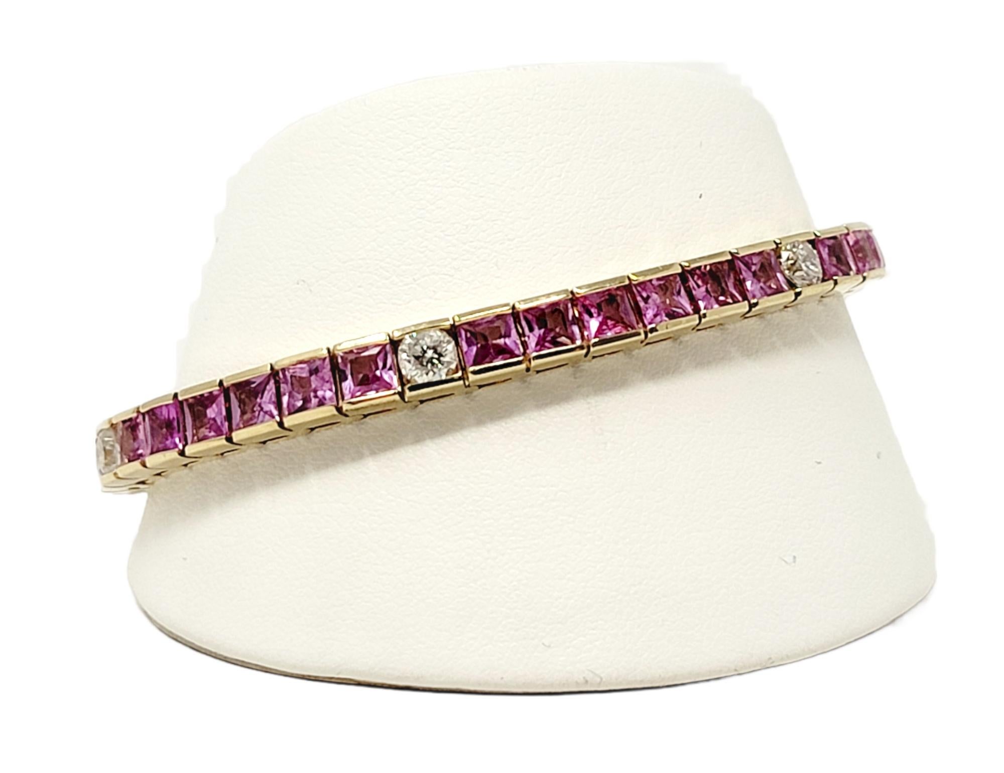 Square Cut Natural Pink Sapphire and Diamond Line Tennis Bracelet in Yellow Gold For Sale 8