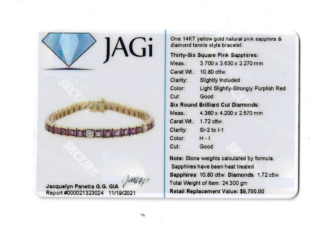 Tennisarmband aus Gelbgold mit natürlichem rosa Saphir im Quadratschliff und Diamanten im Quadratschliff im Angebot 12