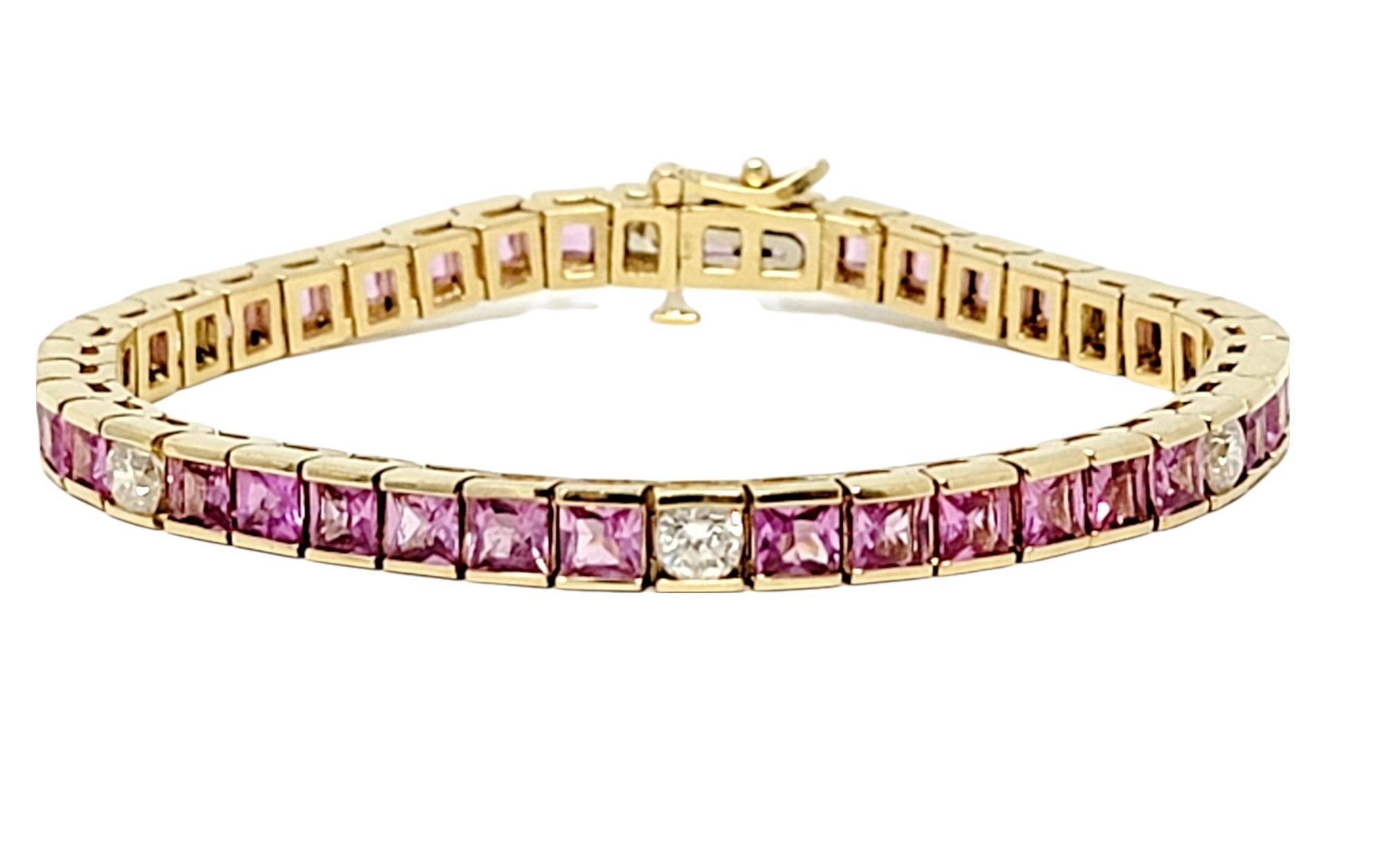 This is an absolutely stunning pink sapphire and diamond tennis bracelet that will take her breath away. The soft, feminine color gives a romantic feel to this stunning, classically designed piece. 36 sparkling square cut pink sapphires are expertly
